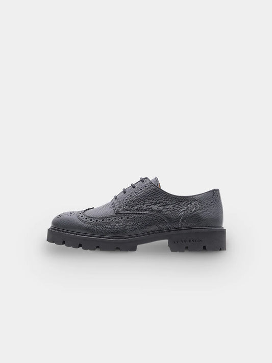 Leichter Brogue-Derby-Schuh | Schwarzes genarbtes Leder